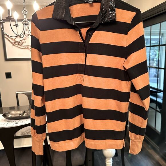 J. Crew Orange and Black Striped Sequin Rugby Shirt Polo Orange Black SZ Small - Picture 6 of 8